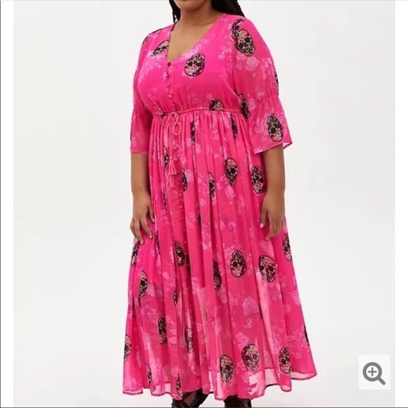 TORRID CHIFFON MAXI DRESS - SKULL PINK NWT - Picture 2 of 14